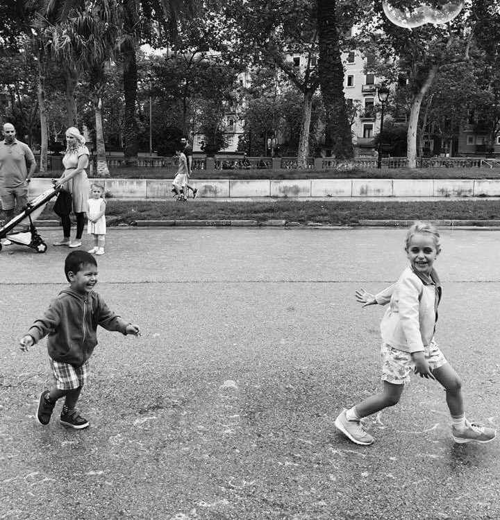 Emma and Solly running around in Barcelona