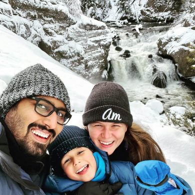 Family selfie at a Yellowstone waterfall Family selfie at a Yellowstone waterfall