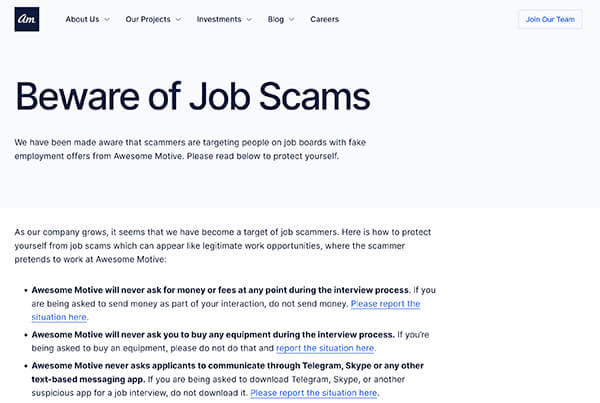 Awesome Motive - Fake Job Scam Page